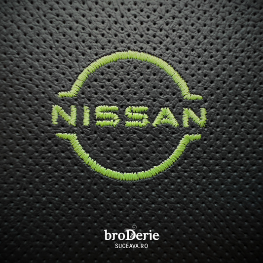 Nissan logo brodat pe piele cu ata de culoare verde